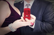 © michelaubryphoto - Man proposing engagement ring to his fiancee. Close up.