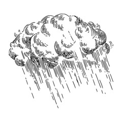 Storm cloud and rain. Sketch. Engraving style. Vector illustration.