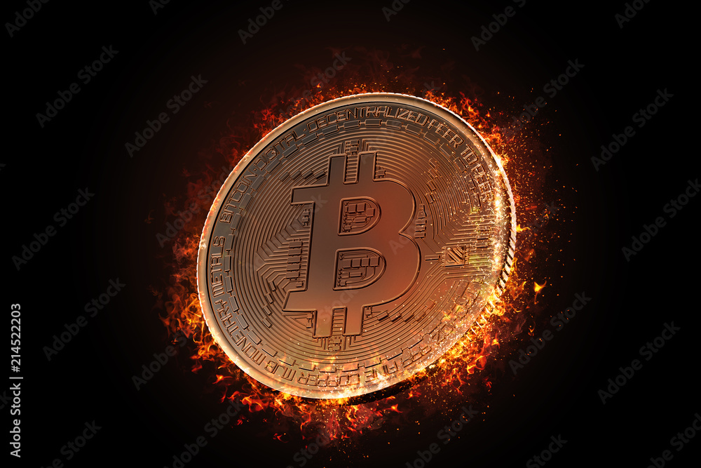 Burning bitcoin coin. 3D illustration