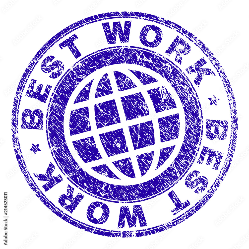 BEST WORK stamp imprint with distress texture. Blue vector rubber seal ...