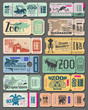 Vector vintage tickets of zoo animals and fish