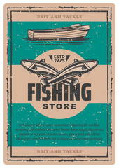 Wall Mural - Vector vintage poster of fishing boat and fish