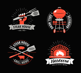 Sticker - BBQ, barbecue, grill logo or symbol. Labels for menu of restaurant or cafe. Vector illustration