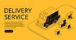 © vectorpouch - Delivery service vector illustration of thin line art in black isometric halftone style. Logistics transport technology of loader truck car and parcel boxes on yellow background
