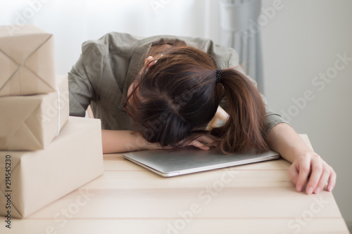 Exhausted Asian Woman Business Working Overnight And Sleep At Work