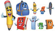 Cartoon Character school Stationery: Pencil, Book, Spiral Notebook, Ballpoint, Sharpener, Ruler, Eraser, School Bag_Vector Illustration EPS 10