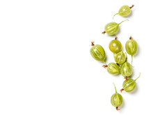 Heap Of Ripe Green Gooseberry Berries On White Background. Creative Layout Made Of Organic Gooseberries. Isolated On White With Clipping Path. Top View Or Flat Lay. Copy Space For Text. Food Concept.