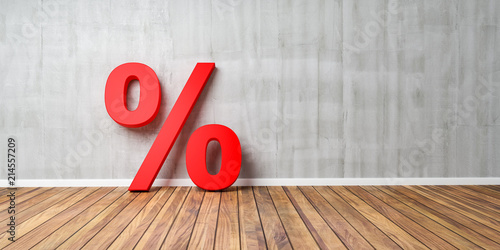 Photographie Red Percent Sign on Brown Wooden Floor Against Gray Wall - Sale Concept - 3D Ill