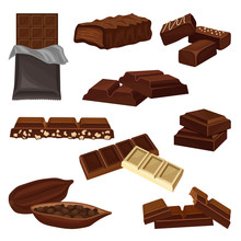Flat Vector Set Of Chocolate Products. Candies, Pieces Of Bars And Cacao Bean Full Of Seeds. Sweet Food. Elements For Poster Or Banner Of Candy Shop