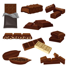 Poster - Flat vector set of chocolate products. Candies, pieces of bars and cacao bean full of seeds. Sweet food. Elements for poster or banner of candy shop