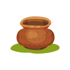 Flat vector icon of old pottery jug on green grass. Clay pot with ornament and crack. Ceramic crockery. Stone Age theme