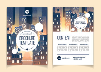 Vector cartoon brochure with cityscape at night, megapolis with modern buildings, skyscrapers, big city with lights. Business leaflet template with space for main content, header, contact information