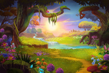 Fantasy Land, Grass And Hill, River And Tree With Fantastic, Realistic Style. Video Game's Digital CG Artwork, Concept Illustration, Realistic Cartoon Style Scene Design
