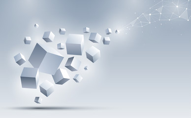 a group of 3d cubes floating to connect with an abstract geometric polygonal. science and technology