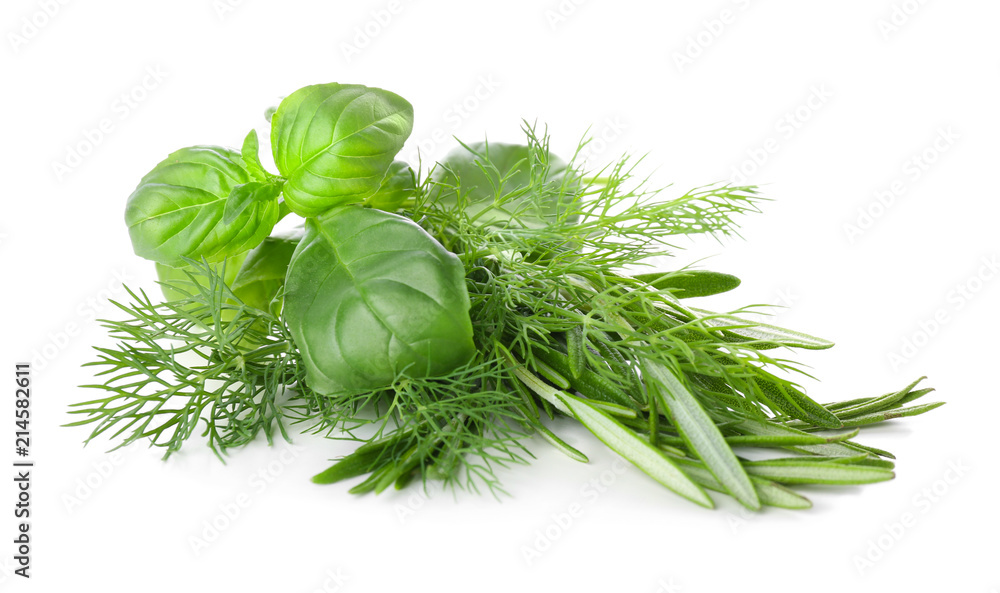 Fresh herbs on white background