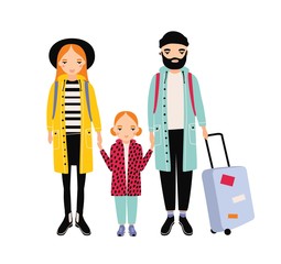 Wall Mural - young traveling family of mother, father and daughter. mom, dad and child girl tourists with backpac