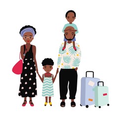 Wall Mural - african american family on vacation. mother, father and children traveling together. man, woman and 