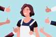 Cheerful young woman surrounded by hands with thumbs up. Concept of public approval, acknowledgment by audience, positive opinion, recognition. Colored vector illustration in flat cartoon style.