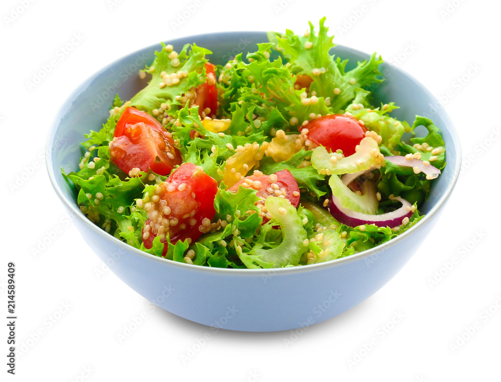 Bowl with quinoa salad on white background