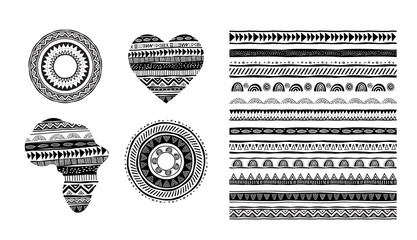 African, tribal, ethnic vector pattern brushes. Vector design elements, tribal geometric ornament, frames, borders