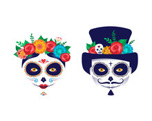 Dia De Los Muertos, Day Of The Dead, Mexican Holiday, Festival. Poster, Banner And Card With Make Up Of Sugar Skull, Woman And Man