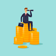 Businessman sitting on coins. Flat design vector illustration.