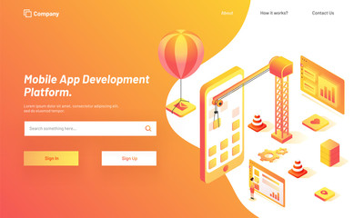 Wall Mural - responsive web template design with isometric view of working people, download or develop applicatio