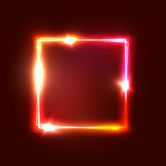 Wall Mural - geometric neon lights signage. bright glowing square shape on dark red backdrop. realistic electric 
