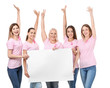 © Pixel-Shot - Beautiful women of different ages with pink ribbons holding poster on white background. Breast cancer concept