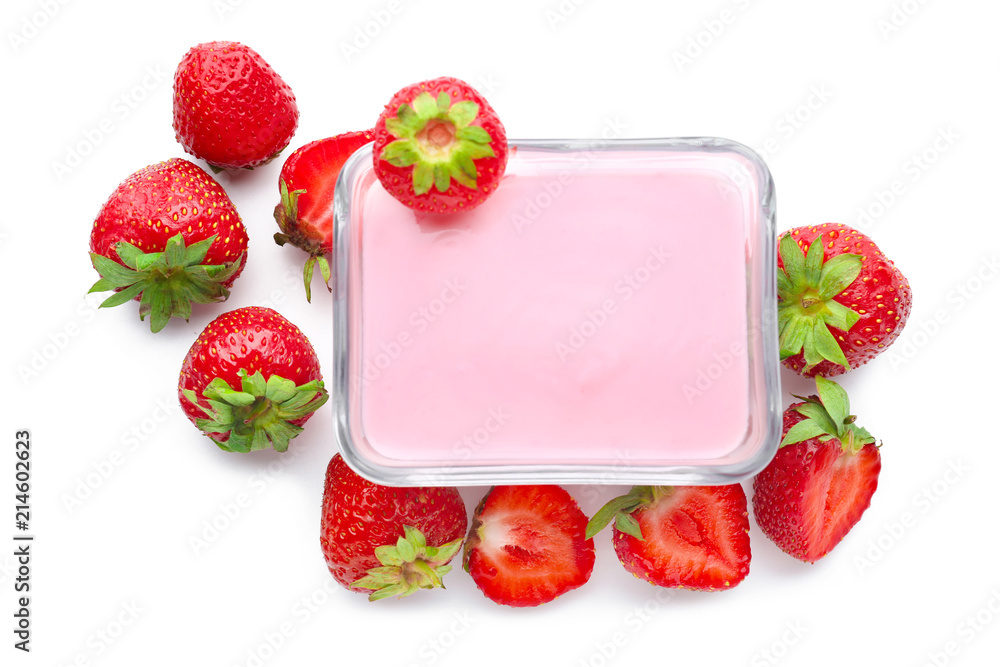 Bowl with tasty yogurt and strawberries on white background
