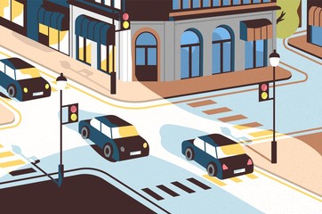 Fototapete - Cityscape with cars driving along road, beautiful buildings, crossroad with traffic lights and pedestrian crossings or crosswalks. View of city street, urban landscape. Modern vector illustration.