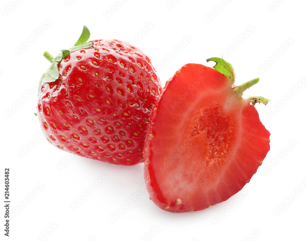 Ripe red strawberries on white background