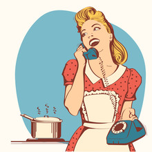 Retro Young Woman Talking On Phone In Her Kitchen.Vector Color Illustration