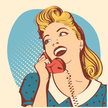 Retro Young Woman With Blond Hair Talking On Phone.Vector Pop Art Color Illustration