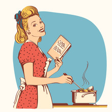 Retro Young Woman In Red Old Fashioned Dress Cooking Soup In Her Kitchen Room.