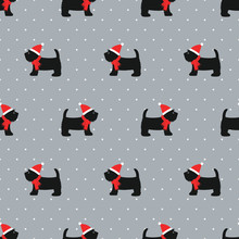 Scottish Terrier In Xmas Hat Seamless Pattern. Cute Dogs On Polka Dots Background Illustration. Chinese New Year 2018. Design For Textile, Fabric And Decor.
