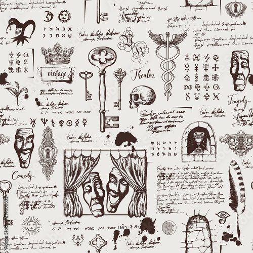 Fotografía Vector seamless pattern on the theme of theater and drama with drawings of theatrical masks, vintage keys and lettering