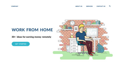 Wall Mural - work from home and earn moneny remotely. flat concept vector website template and landing page desig