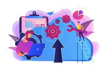 Developer working on laptop with cloud data. Computing applications, developing cloud system, cloud resourses solving business problems concept, violet palette. Vector isolated illustration.