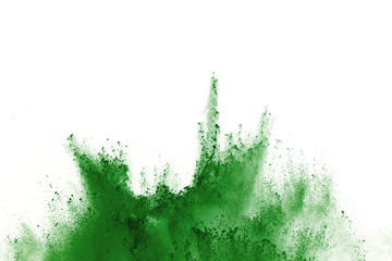 Wall Mural - Green powder explosion on white background. Colored cloud. Color dust explode. Paint Holi.