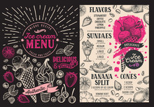 Ice Cream Restaurant Menu. Vector Dessert Food Flyer For Bar And Cafe. Design Template With Vintage Hand-drawn Illustrations On Chalkboard Background.