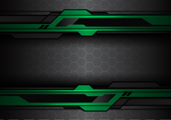 Abstract metallic green black futuristic polygon line on hexagon mesh pattern design modern technology background vector illustration.