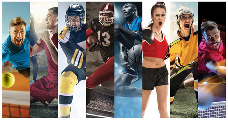 sport collage about soccer, american football, basketball, tennis, boxing, ice and field hockey, tab