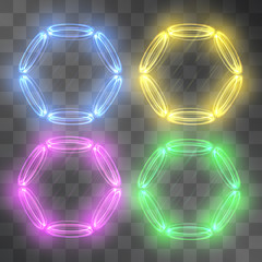 Wall Mural - Vector neon light hexagon swirling discs frame set effect. Cold glowing storm funnels on transparent background. Crystal pigeonholes, ice magical illumination. Sci-fi space gates concept.