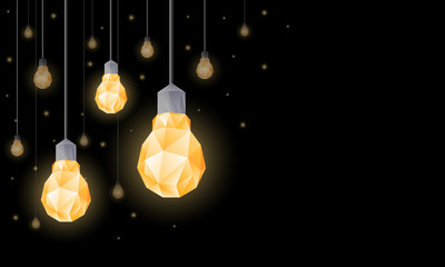 Polygonal light bulbs hanging from the ceiling. Lighting decor with low poly lamps for banner background.