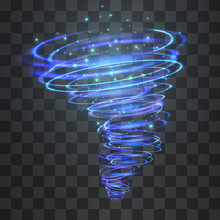 Winter Hurricane Light Effect. Vector Glowing Tornado, Swirling Storm Cone Of Cold Shining Flames On Transparent Background. Glittering Blizzard Flame Funnel,  Blue Magical Illumination.