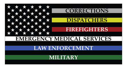 United states of America flag with colored lines represent corrections, dispatchers, firefigters, emergency medical services, law enforcement and military