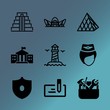 Vector icon set about building with 9 icons related to landmark, cityscape, renovation, touristic, nature, catholicism, beam, waiting, kit and mexican