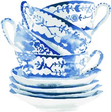 Watercolor Beautiful Graphic Lovely Artistic Tender Wonderful Blue Porcelain China Tea Cups Pattern Vector Illustration. Perfect For Textile, Menu, Wallpapers