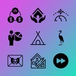 Vector icon set about business with 9 icons related to label, statistics, up, big, outside, steel, button, planet, city and circle